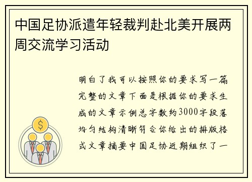 中国足协派遣年轻裁判赴北美开展两周交流学习活动 中国足协派遣年轻裁判赴北美开展两周交流学习活动